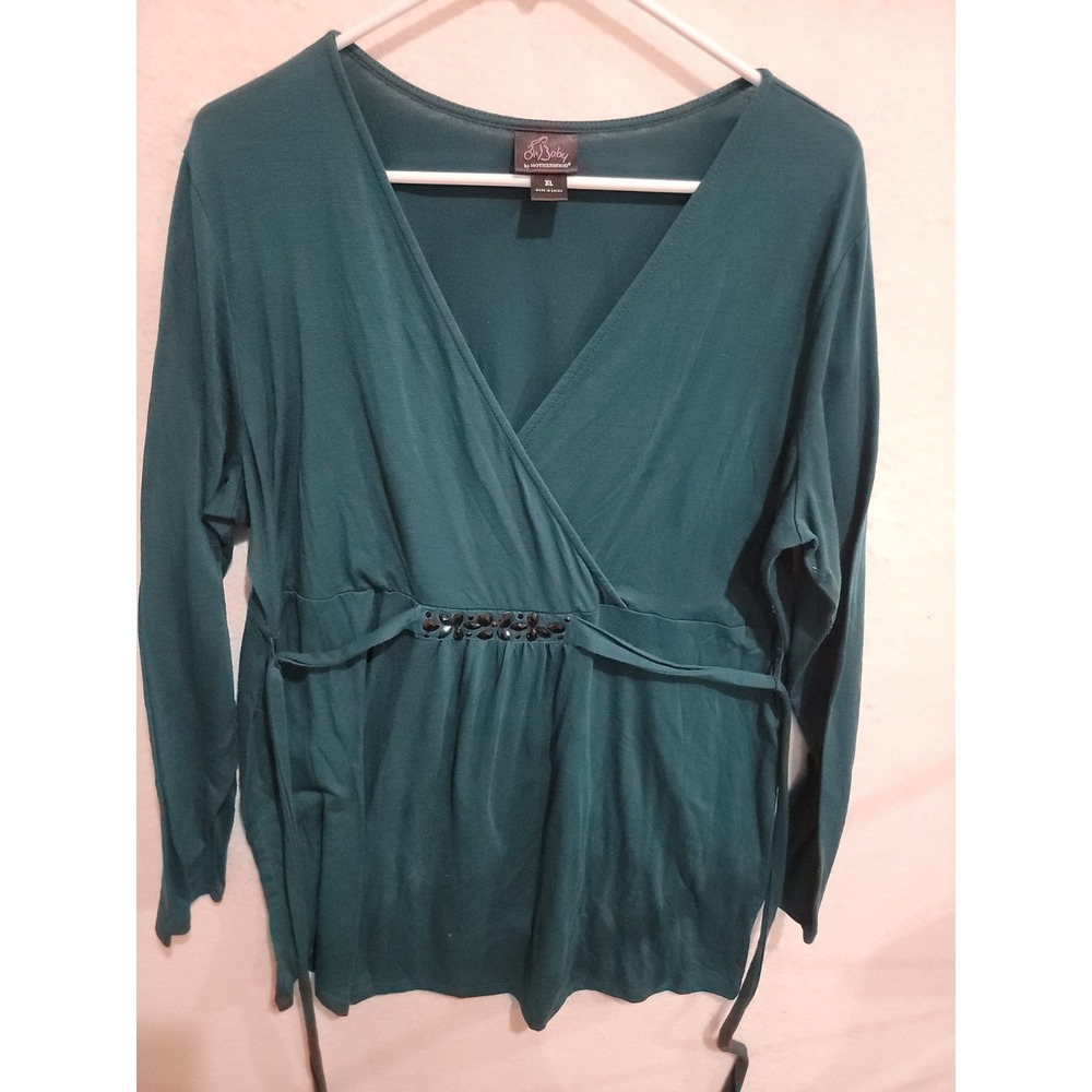 Oh Baby by Motherhood Maternity XL Teal Beaded Empire Waist Wrap Top Long Sleeve